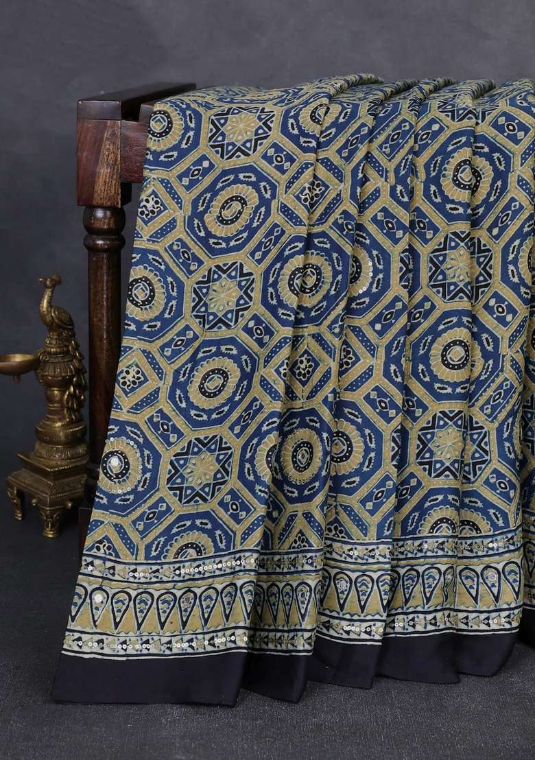 Modal Silk Saree Beige And Black With Allover Ajrakh Prints Sequin Work And Mirror Sequin Work Pallu With Embroidered Design For Women - Indya