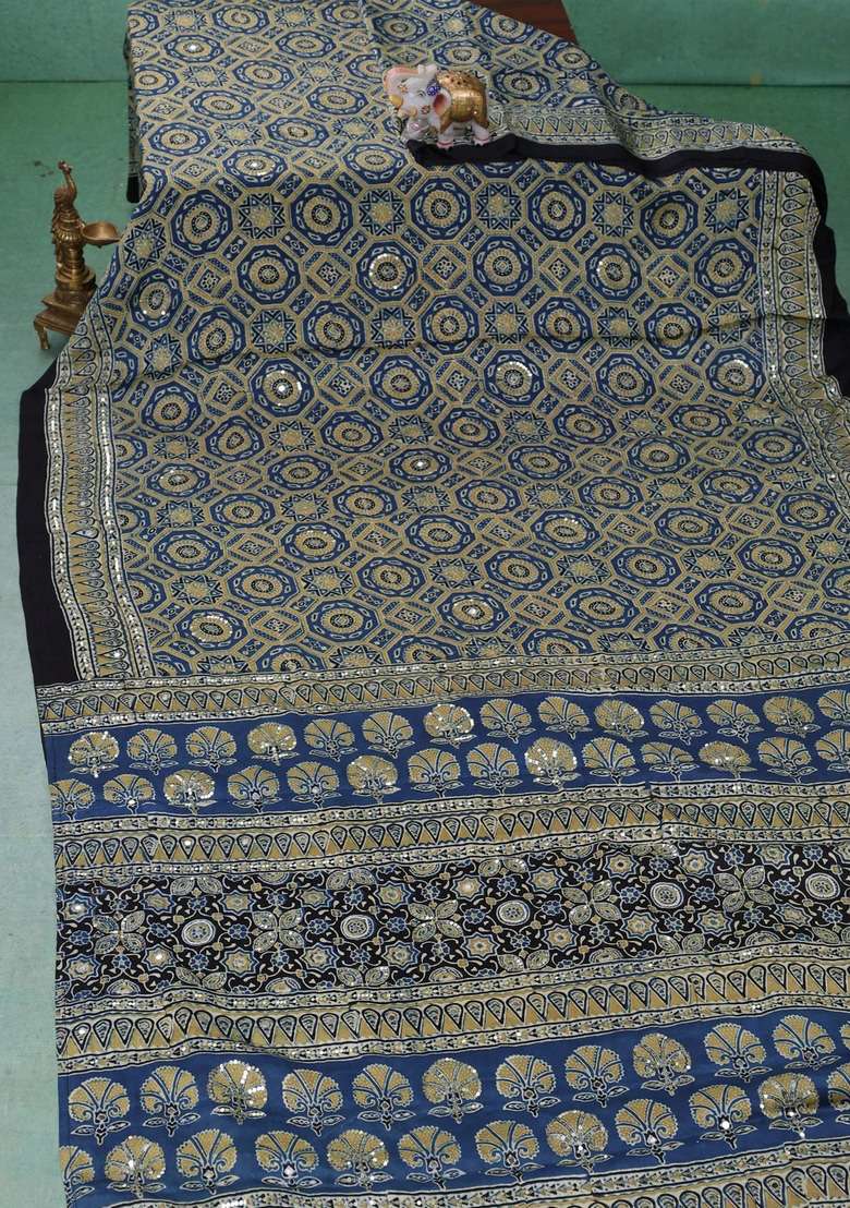 Modal Silk Saree Beige And Black With Allover Ajrakh Prints Sequin Work And Mirror Sequin Work Pallu With Embroidered Design For Women - Indya