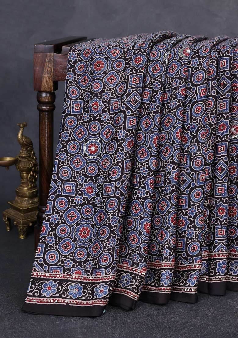 Modal Silk Saree Black With Allover Ajrakh Prints Sequin Work And Mirror Sequin Work Pallu With Embroidered Design For Women - Indya
