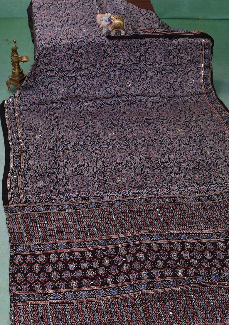 Modal Silk Saree Black With Allover Ajrakh Prints Sequin Work And Mirror Sequin Work Pallu With Embroidered Design For Women - Indya
