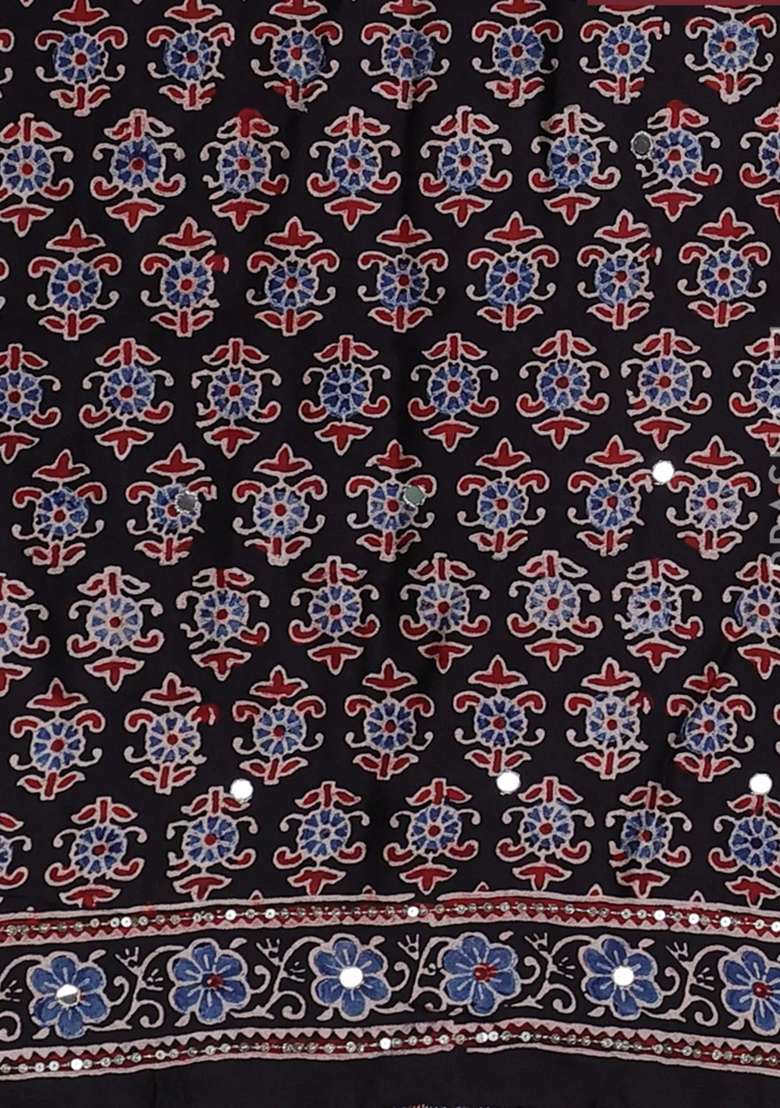 Modal Silk Saree Black With Allover Ajrakh Prints Sequin Work And Mirror Sequin Work Pallu With Embroidered Design For Women - Indya