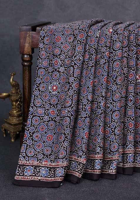 Modal Silk Saree Black With Allover Ajrakh Prints Sequin Work And Mirror Sequin Work Pallu With Embroidered Design For Women
