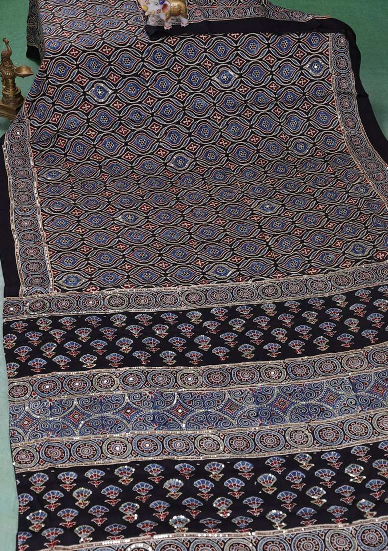 Modal Silk Saree Black With Allover Ajrakh Prints Sequin Work And Mirror Sequin Work Pallu With Embroidered Design For Women - Indya