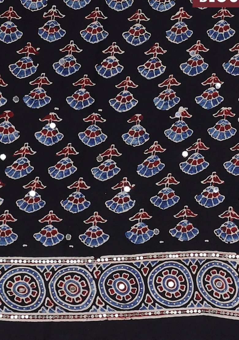 Modal Silk Saree Black With Allover Ajrakh Prints Sequin Work And Mirror Sequin Work Pallu With Embroidered Design For Women - Indya
