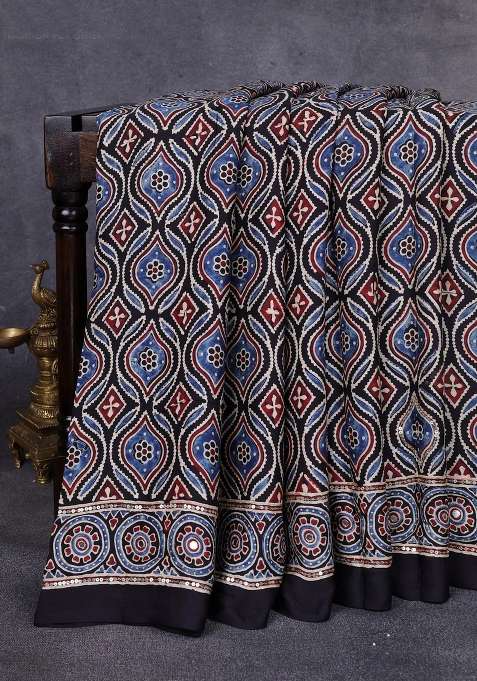 Modal Silk Saree Black With Allover Ajrakh Prints Sequin Work And Mirror Sequin Work Pallu With Embroidered Design For Women