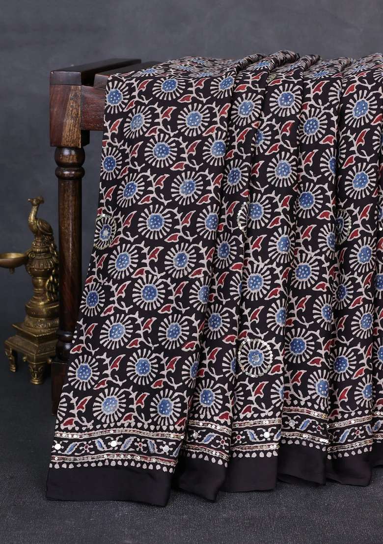 Modal Silk Saree Black With Allover Ajrakh Prints Sequin Work And Mirror Sequin Work Pallu With Embroidered Design For Women - Indya