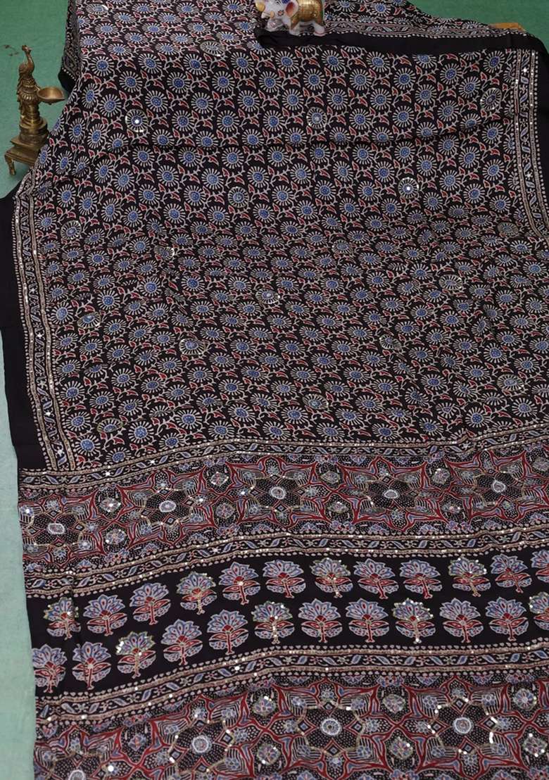 Modal Silk Saree Black With Allover Ajrakh Prints Sequin Work And Mirror Sequin Work Pallu With Embroidered Design For Women - Indya