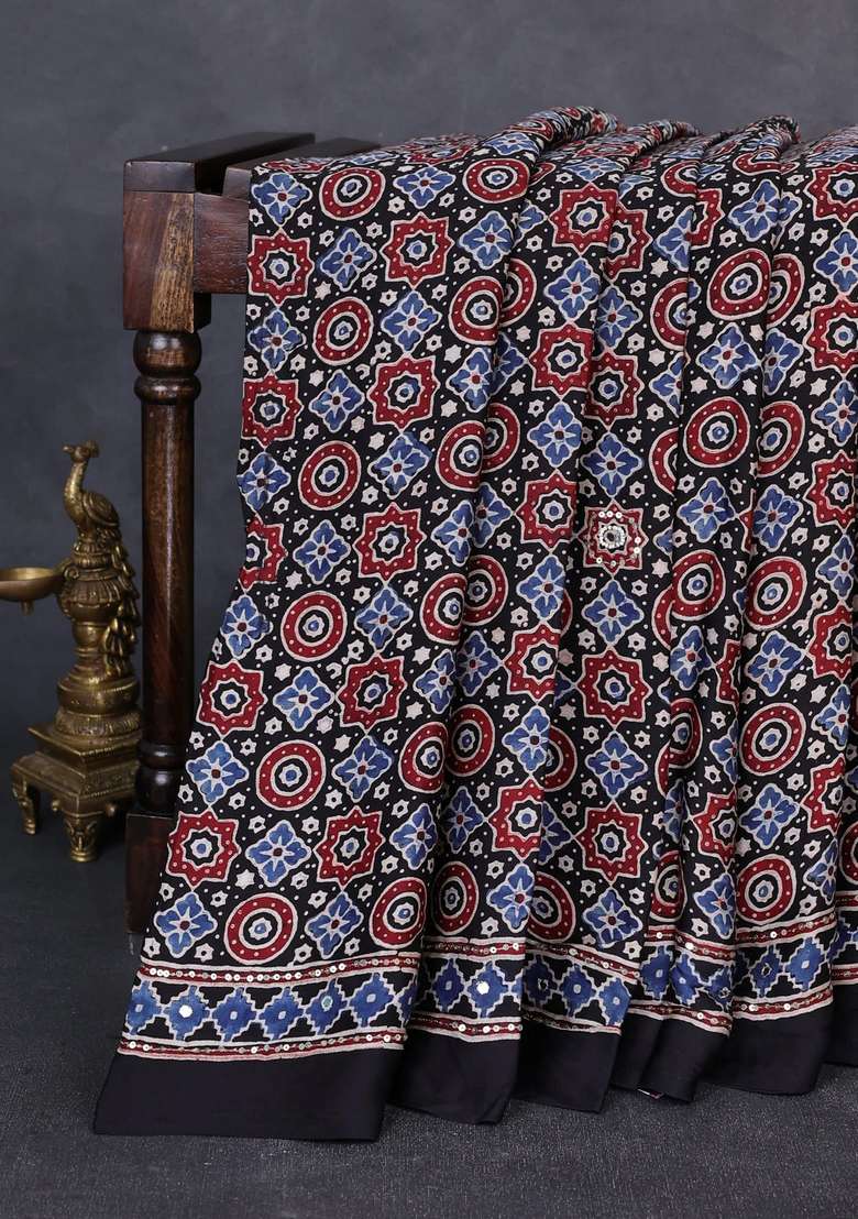 Modal Silk Saree Black With Allover Ajrakh Prints Sequin Work And Mirror Sequin Work Pallu With Embroidered Design For Women - Indya