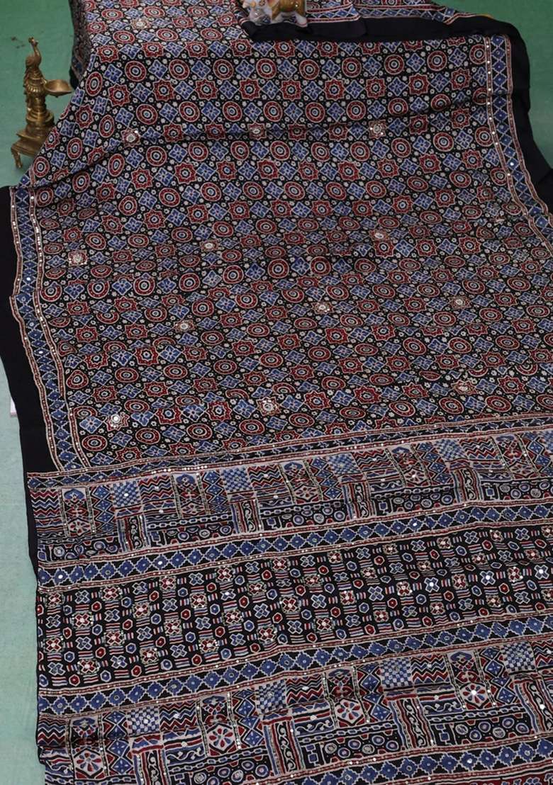 Modal Silk Saree Black With Allover Ajrakh Prints Sequin Work And Mirror Sequin Work Pallu With Embroidered Design For Women - Indya