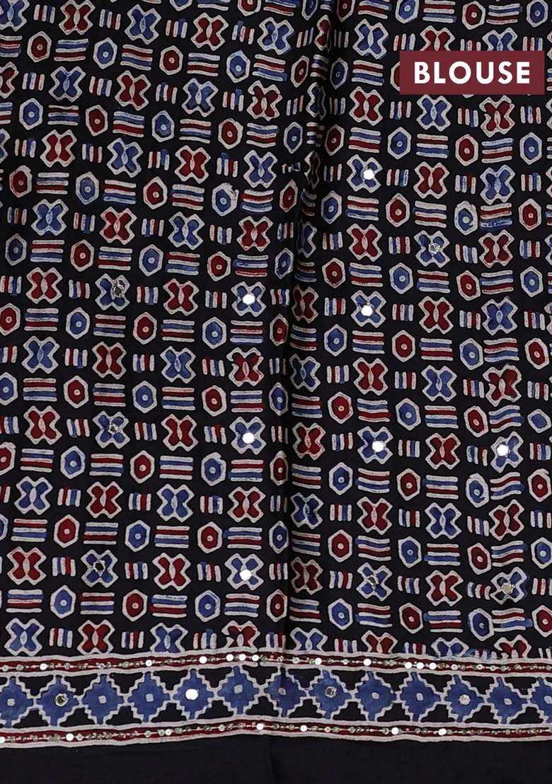 Modal Silk Saree Black With Allover Ajrakh Prints Sequin Work And Mirror Sequin Work Pallu With Embroidered Design For Women - Indya