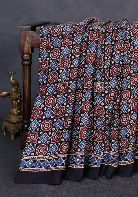 Modal Silk Saree Black With Allover Ajrakh Prints Sequin Work And Mirror Sequin Work Pallu With Embroidered Design For Women