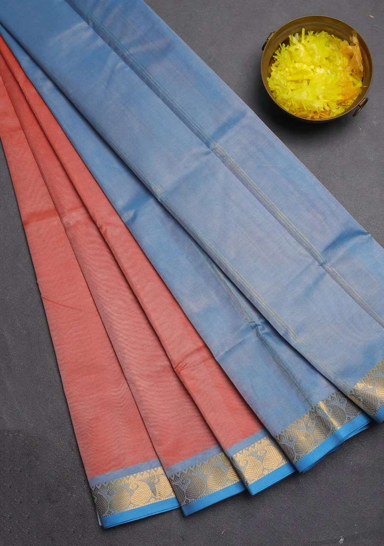 Silk Cotton Saree Rust Shade And Grey With Plain Body And Paisley Zari Woven Border With Traditional Woven Design For Women - Indya