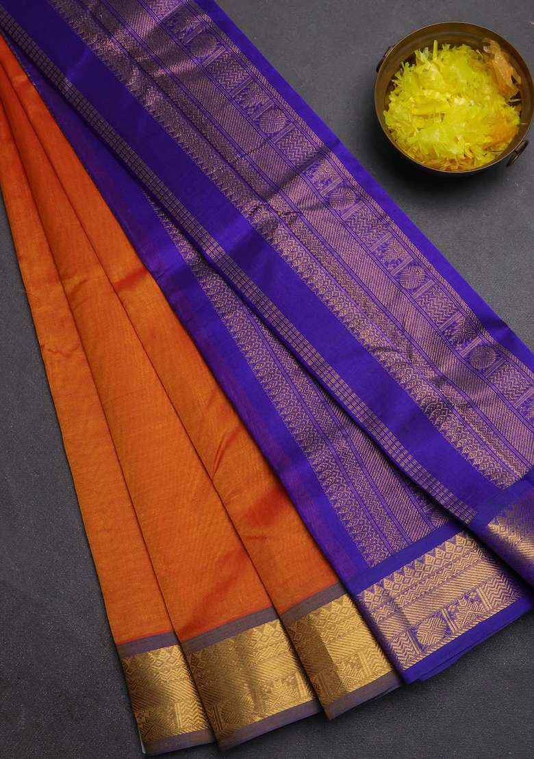 Silk Cotton Saree Sunset Orange And Violet With Plain Body And Zari Woven Border With Traditional Woven Design For Women - Indya