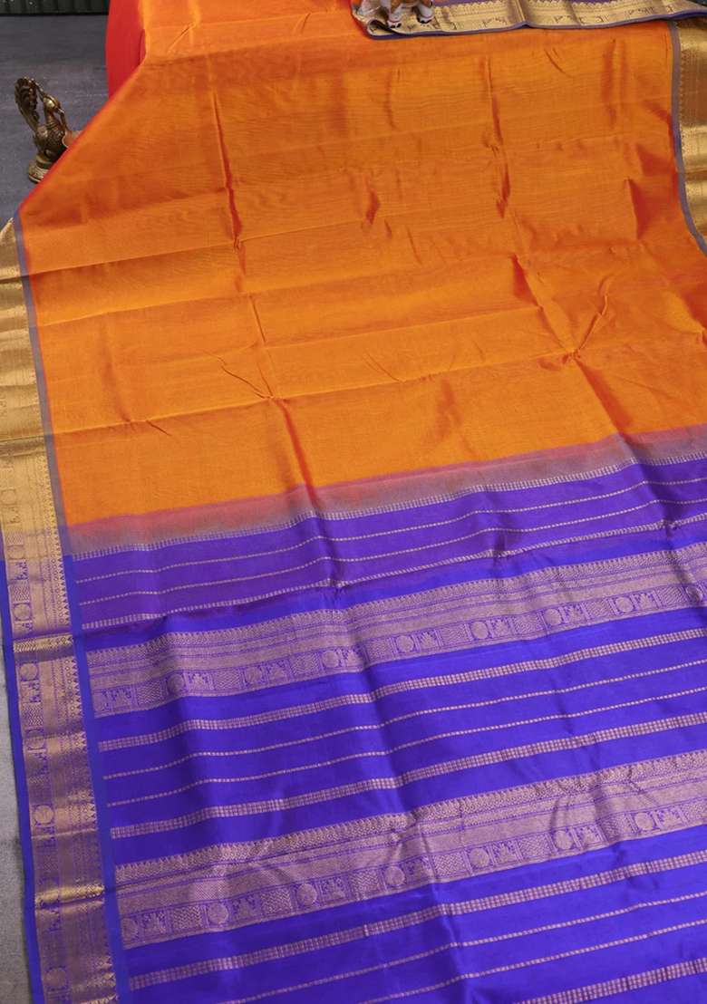 Silk Cotton Saree Sunset Orange And Violet With Plain Body And Zari Woven Border With Traditional Woven Design For Women - Indya
