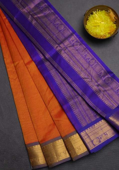 Silk Cotton Saree Sunset Orange And Violet With Plain Body And Zari Woven Border With Traditional Woven Design For Women