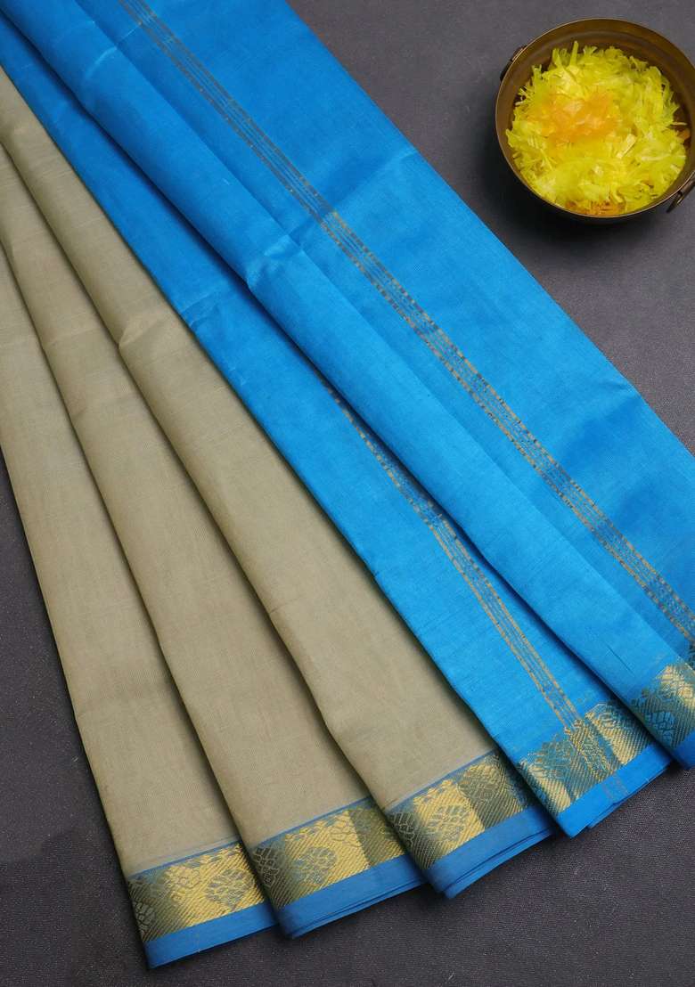 Silk Cotton Saree Beige And Cs Blue With Plain Body And Zari Woven Border With Traditional Woven Design For Women - Indya
