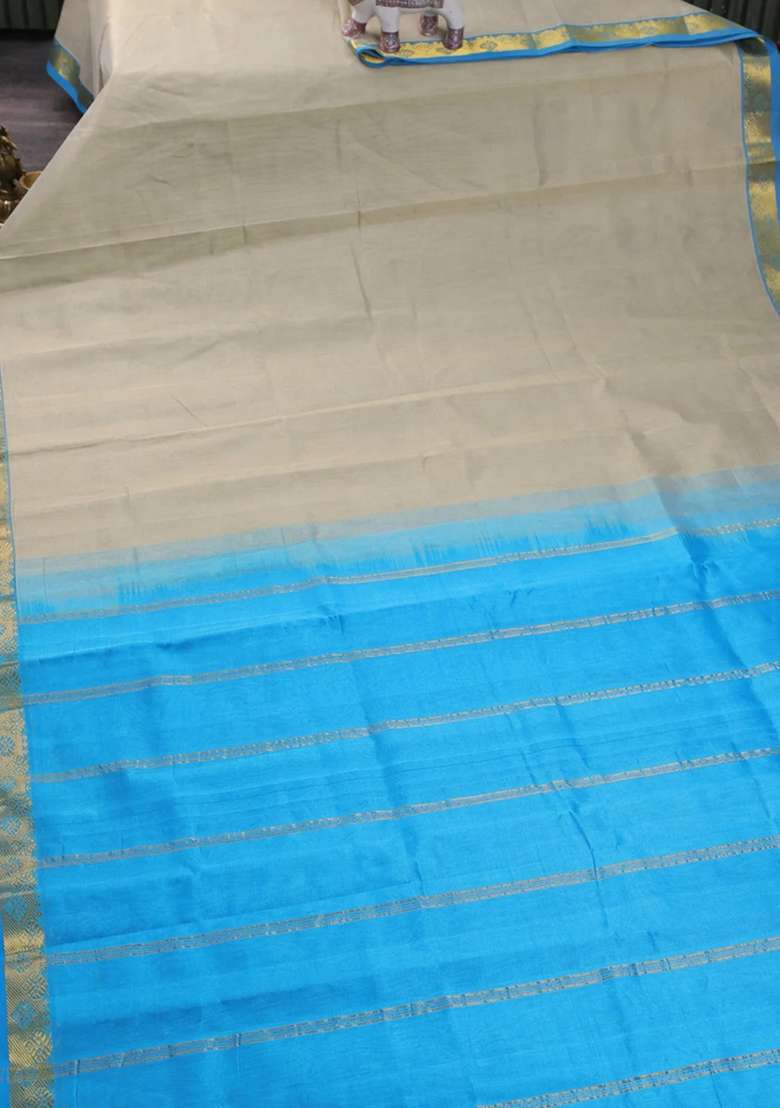 Silk Cotton Saree Beige And Cs Blue With Plain Body And Zari Woven Border With Traditional Woven Design For Women - Indya
