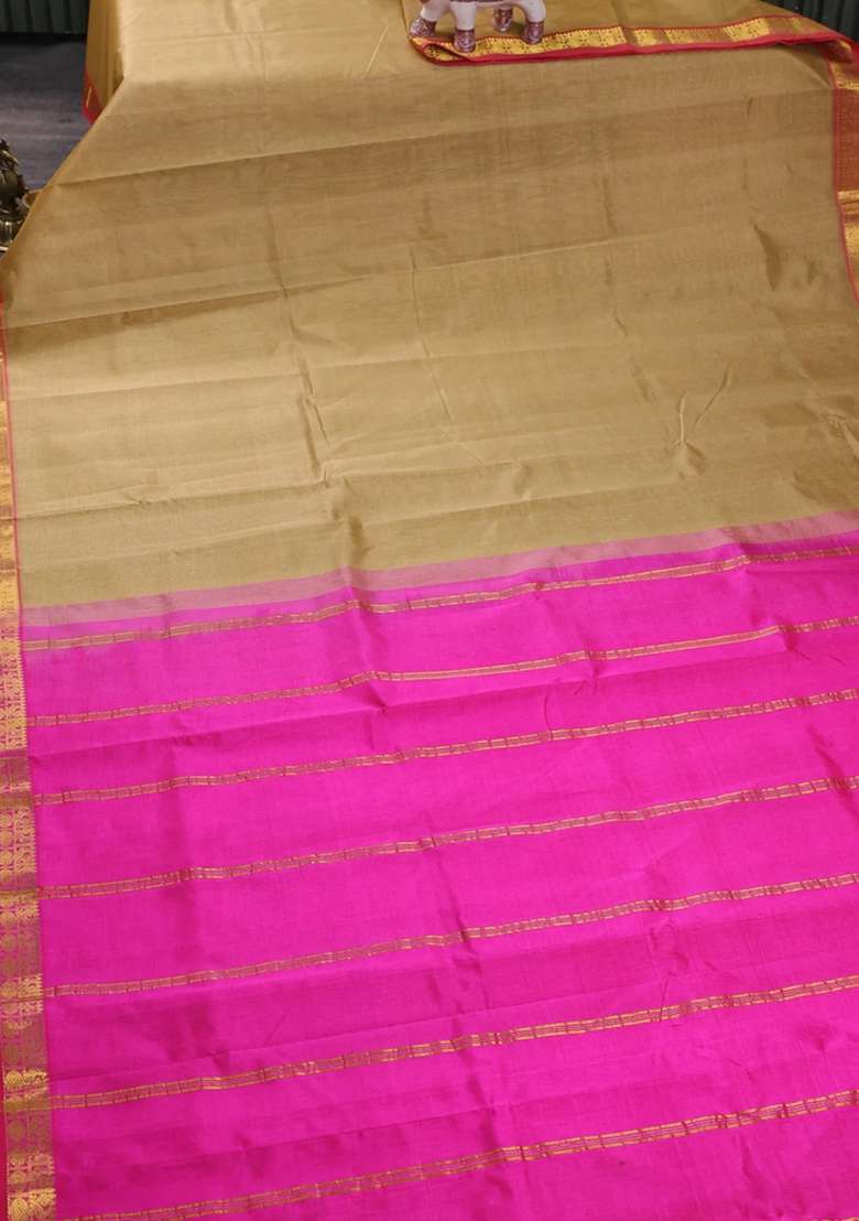 Silk Cotton Saree Sandal And Pink With Plain Body And Zari Woven Border With Traditional Woven Design For Women - Indya