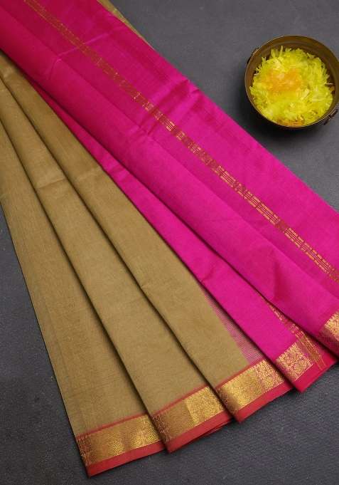 Silk Cotton Saree Sandal And Pink With Plain Body And Zari Woven Border With Traditional Woven Design For Women