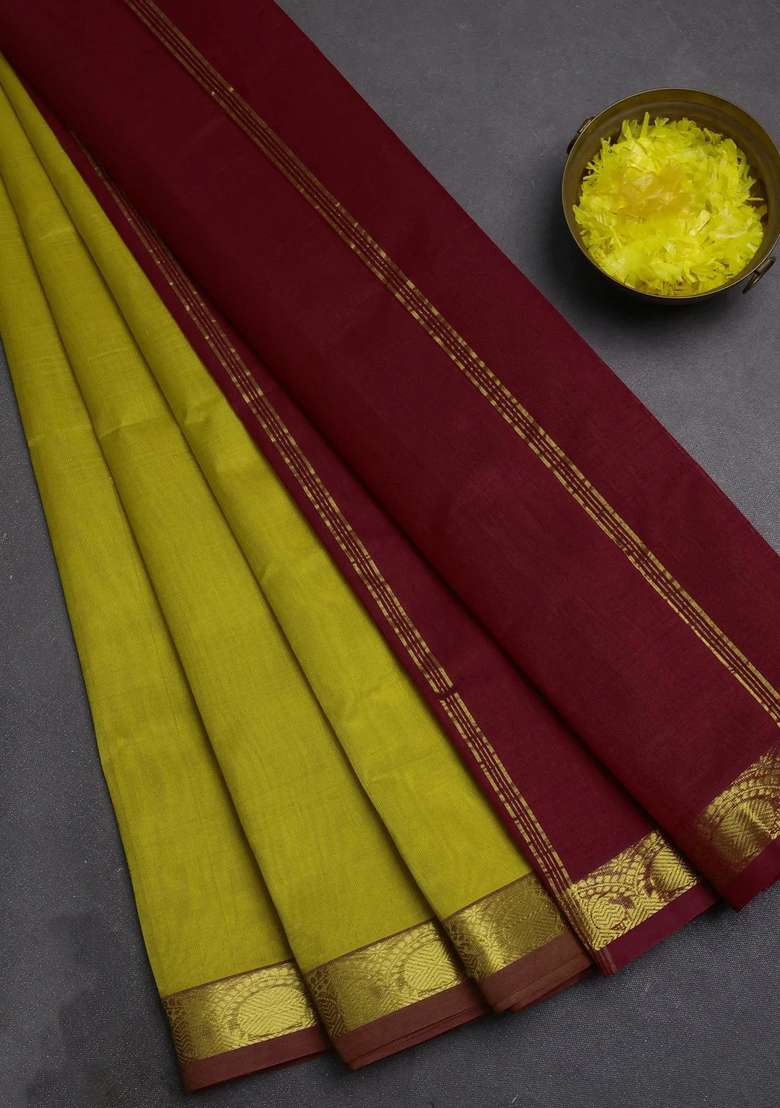 Silk Cotton Saree Mustard Yellow And Kumkum Red With Plain Body And Zari Woven Border With Traditional Woven Design For Women - Indya