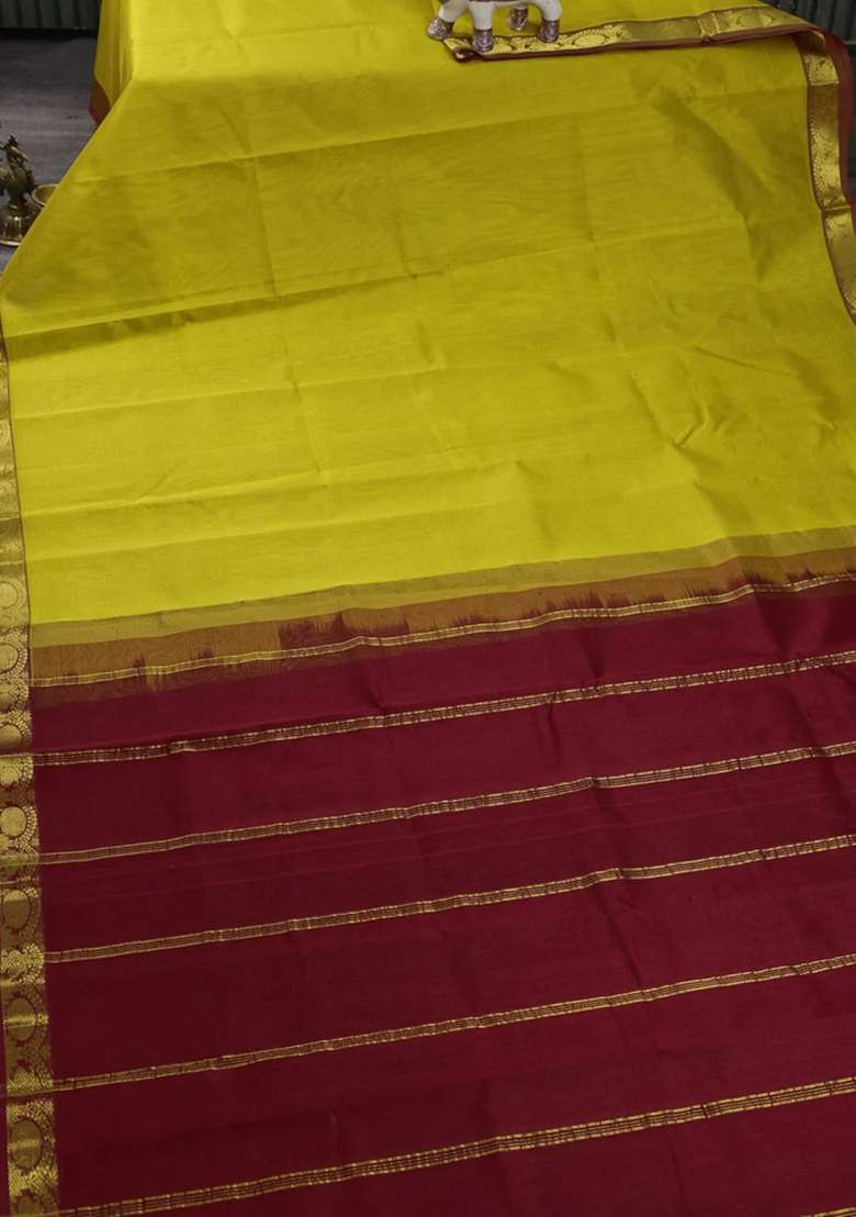Silk Cotton Saree Mustard Yellow And Kumkum Red With Plain Body And Zari Woven Border With Traditional Woven Design For Women - Indya
