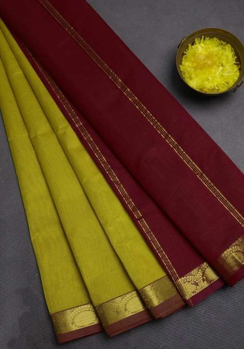 Silk Cotton Saree Mustard Yellow And Kumkum Red With Plain Body And Zari Woven Border With Traditional Woven Design For Women