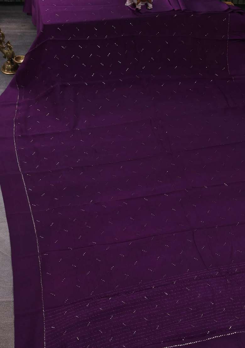 Pure Chiffon Silk Saree Dark Purple With Golden Buttas And Floral Printed Blouse For Women - Indya