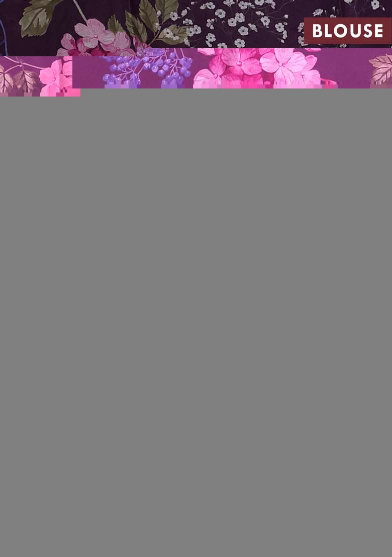 Pure Chiffon Silk Saree Dark Purple With Golden Buttas And Floral Printed Blouse For Women - Indya