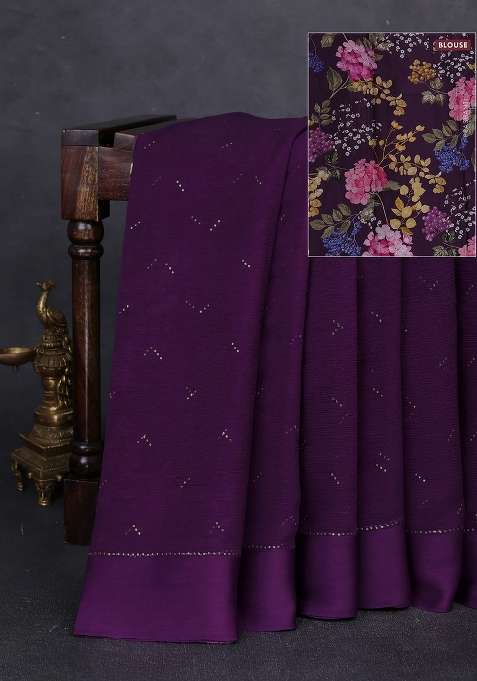 Pure Chiffon Silk Saree Dark Purple With Golden Buttas And Floral Printed Blouse For Women