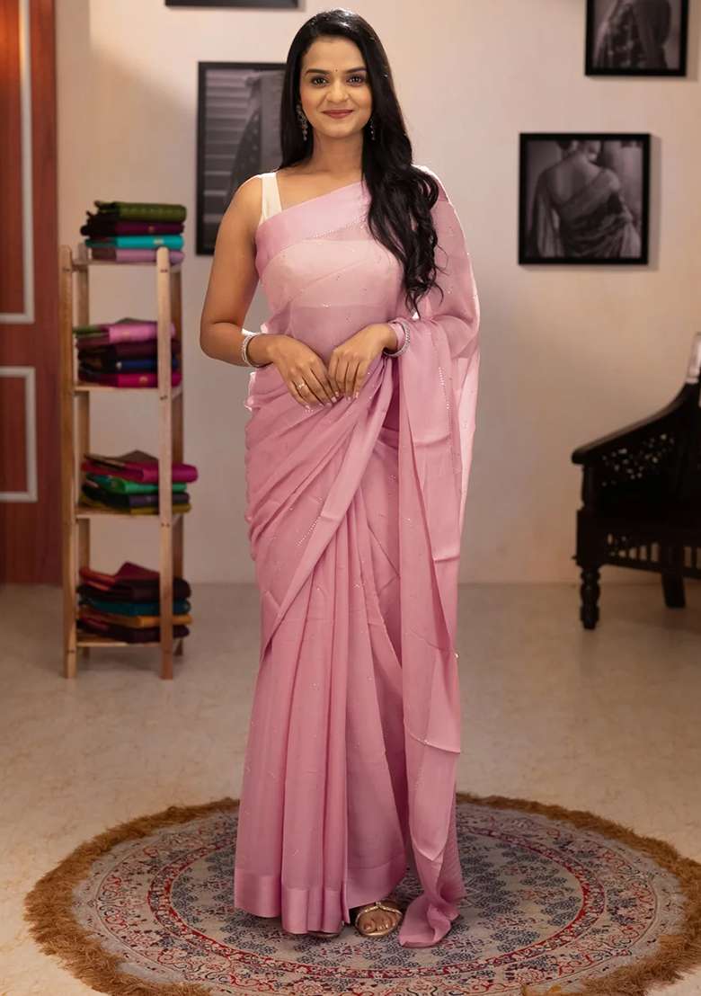 Pure Chiffon Silk Saree Peach Shade With Golden Buttas And Floral Printed Blouse For Women - Indya