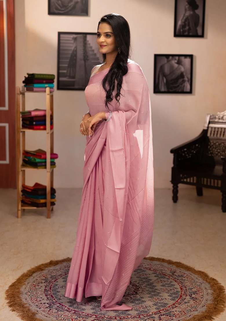 Pure Chiffon Silk Saree Peach Shade With Golden Buttas And Floral Printed Blouse For Women - Indya
