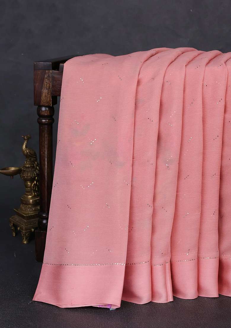 Pure Chiffon Silk Saree Peach Shade With Golden Buttas And Floral Printed Blouse For Women - Indya