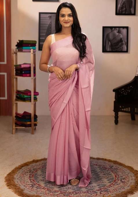 Pure Chiffon Silk Saree Peach Shade With Golden Buttas And Floral Printed Blouse For Women
