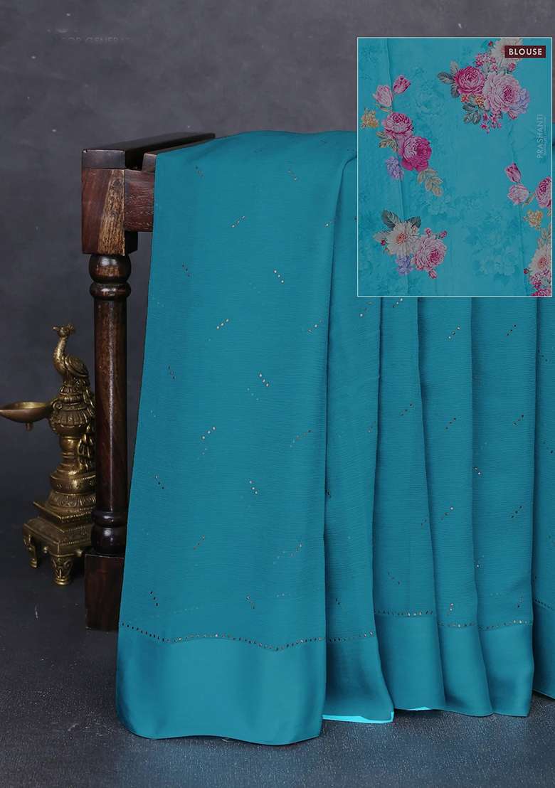 Pure Chiffon Silk Saree Teal Blue With Golden Buttas And Floral Printed Blouse For Women - Indya