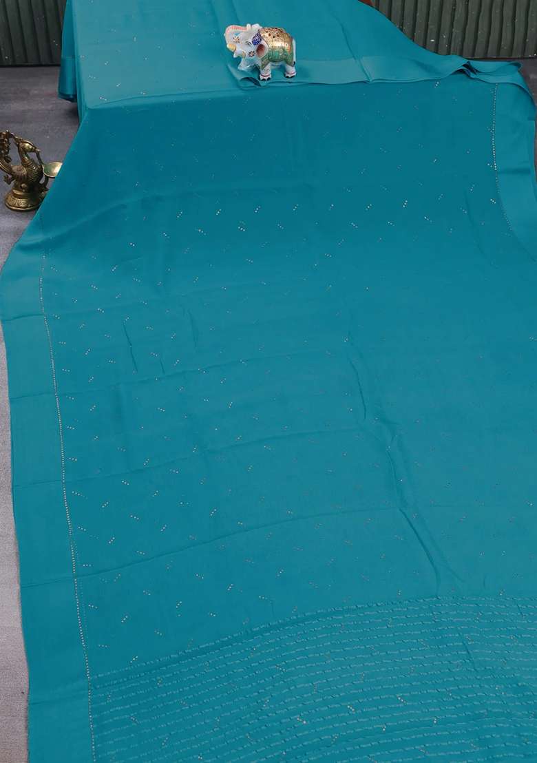 Pure Chiffon Silk Saree Teal Blue With Golden Buttas And Floral Printed Blouse For Women - Indya