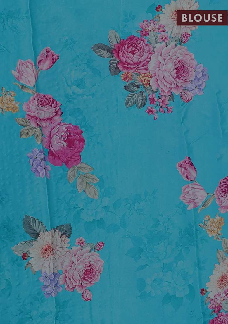 Pure Chiffon Silk Saree Teal Blue With Golden Buttas And Floral Printed Blouse For Women - Indya