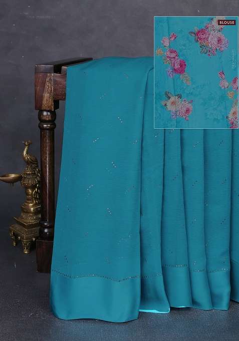 Pure Chiffon Silk Saree Teal Blue With Golden Buttas And Floral Printed Blouse For Women
