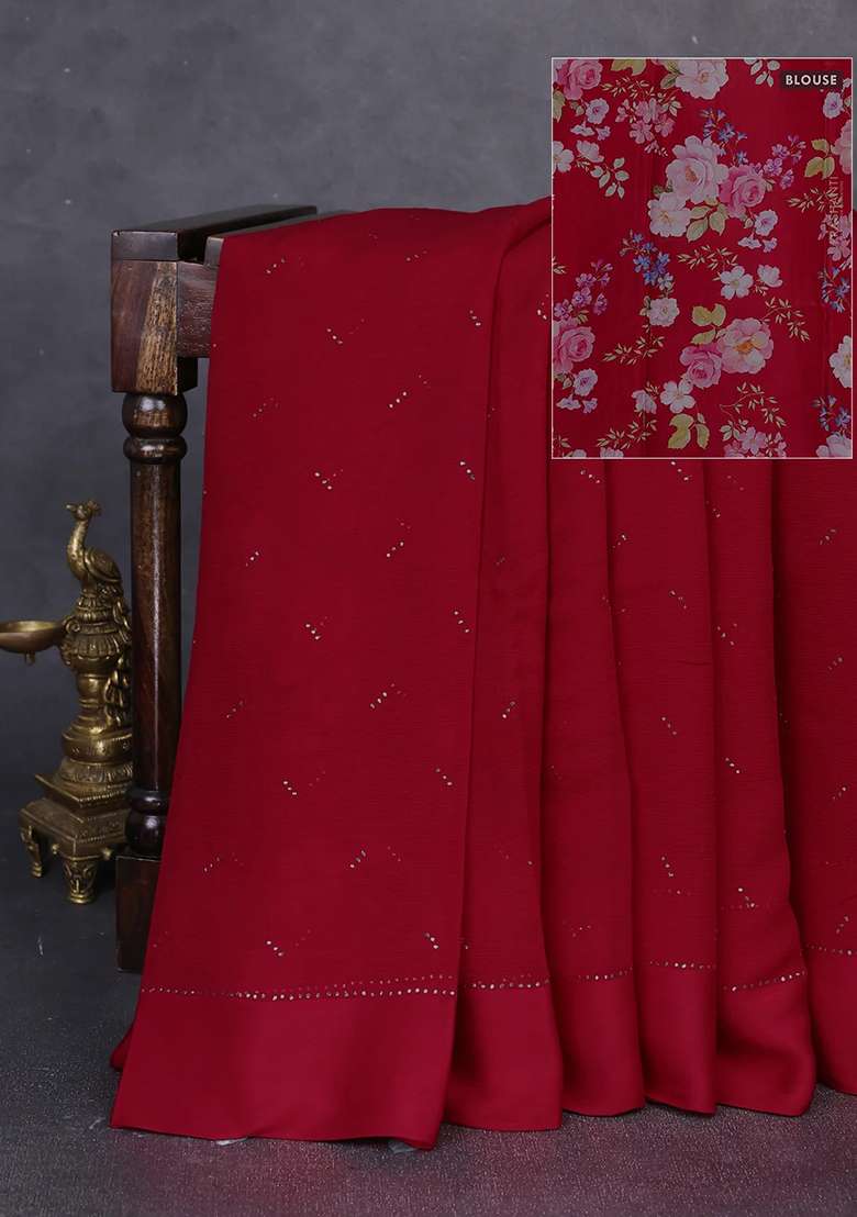 Pure Chiffon Silk Saree Red With Golden Buttas And Floral Printed Blouse For Women - Indya