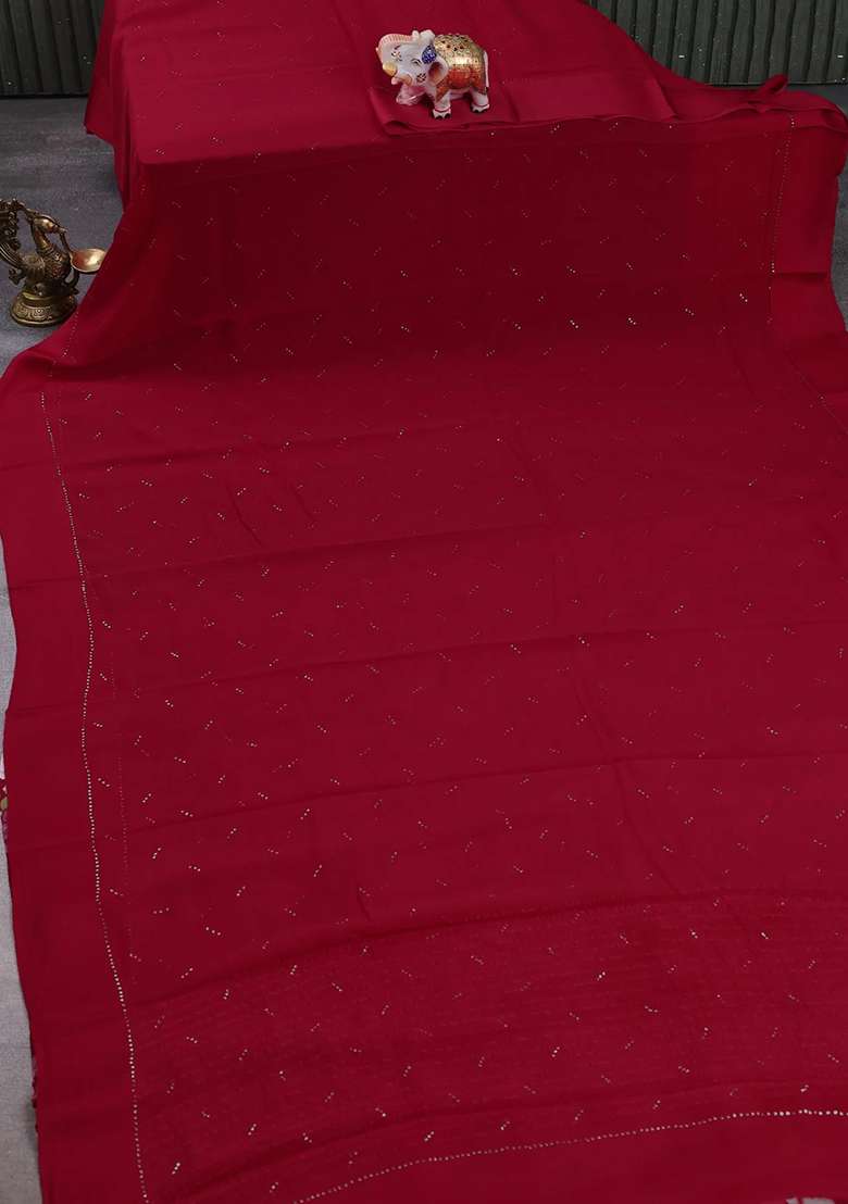 Pure Chiffon Silk Saree Red With Golden Buttas And Floral Printed Blouse For Women - Indya