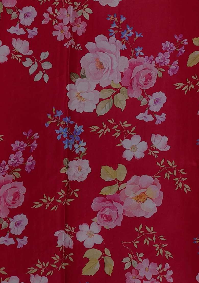 Pure Chiffon Silk Saree Red With Golden Buttas And Floral Printed Blouse For Women - Indya