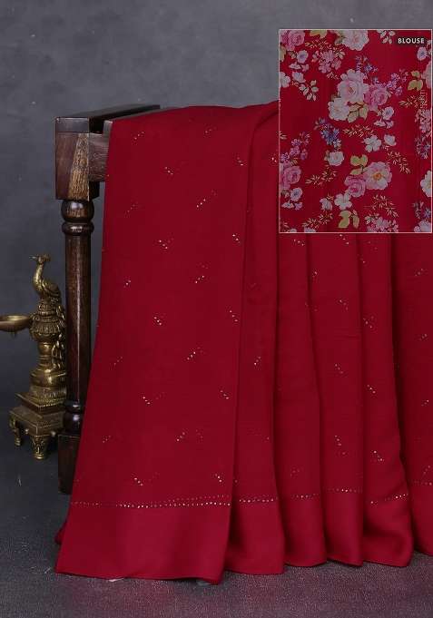 Pure Chiffon Silk Saree Red With Golden Buttas And Floral Printed Blouse For Women