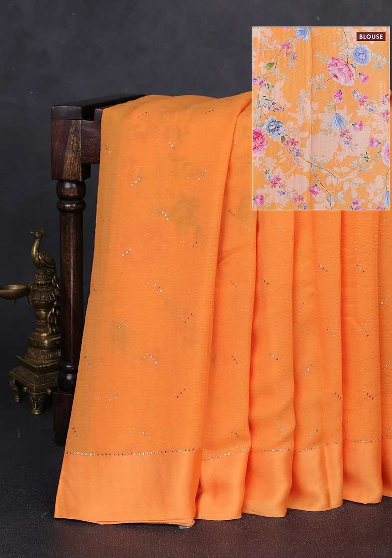 Pure Chiffon Silk Saree Orange With Golden Buttas And Floral Printed Blouse For Women - Indya