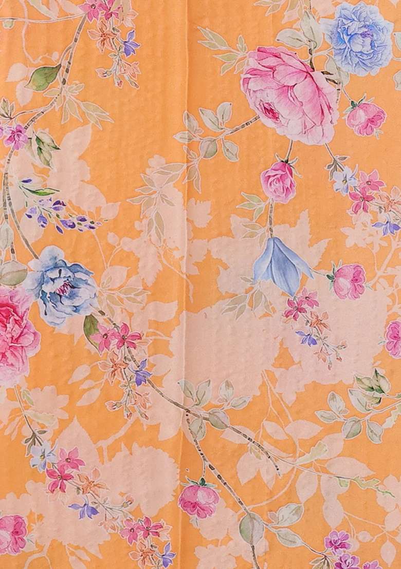 Pure Chiffon Silk Saree Orange With Golden Buttas And Floral Printed Blouse For Women - Indya