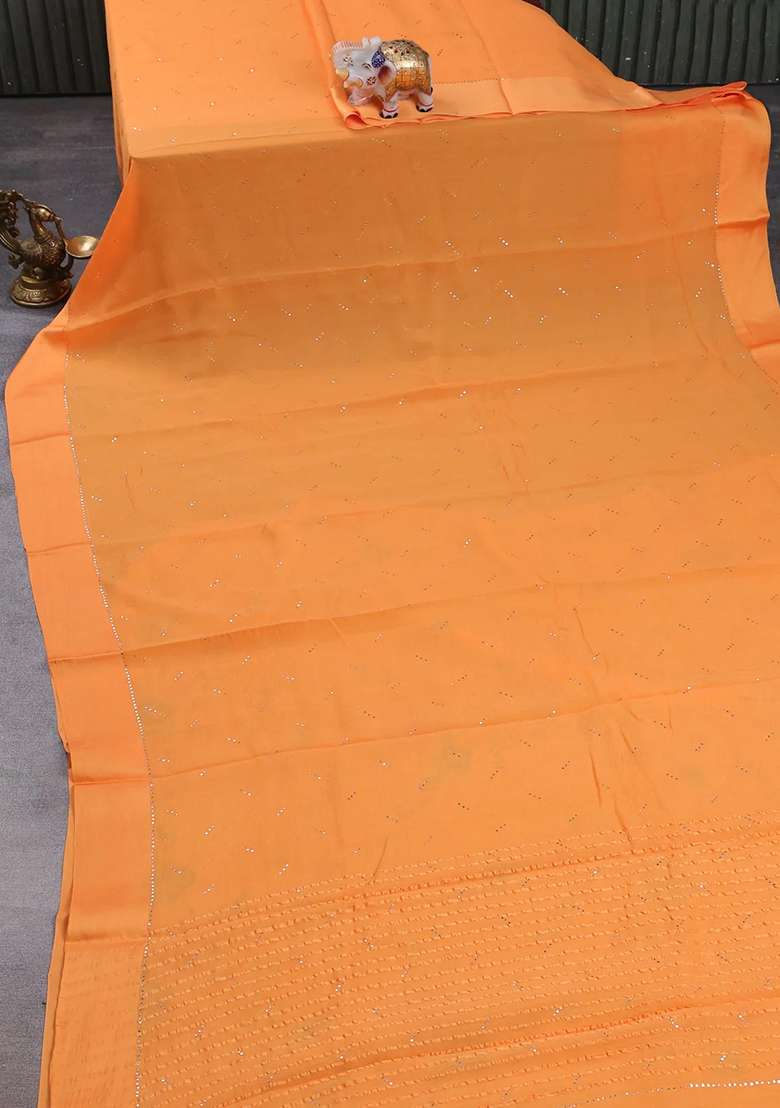 Pure Chiffon Silk Saree Orange With Golden Buttas And Floral Printed Blouse For Women - Indya