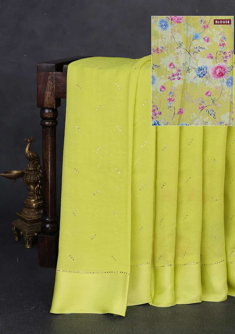 Pure Chiffon Silk Saree Lime Yellow With Golden Buttas And Floral Printed Blouse For Women - Indya