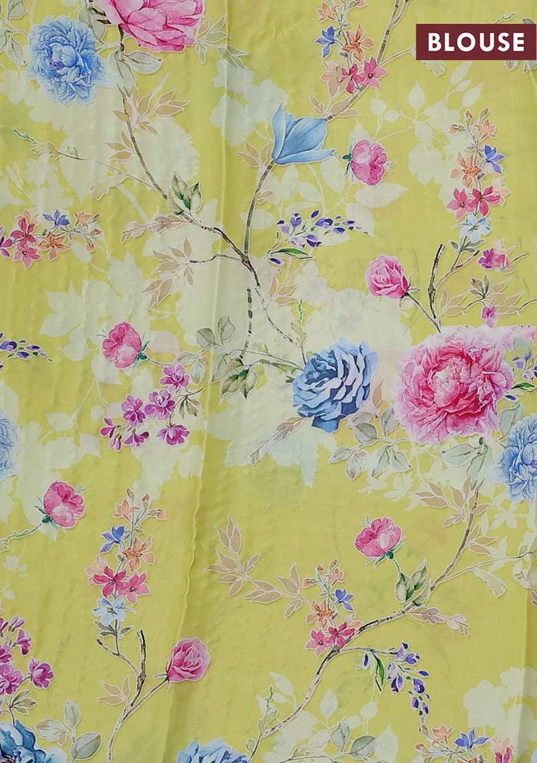 Pure Chiffon Silk Saree Lime Yellow With Golden Buttas And Floral Printed Blouse For Women - Indya