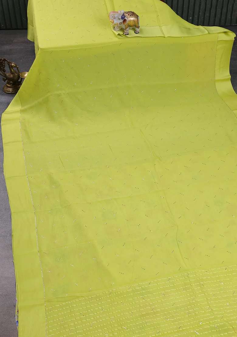 Pure Chiffon Silk Saree Lime Yellow With Golden Buttas And Floral Printed Blouse For Women - Indya