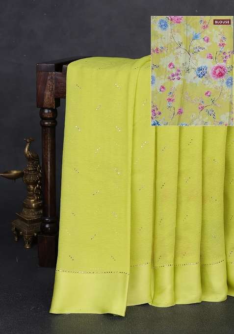 Pure Chiffon Silk Saree Lime Yellow With Golden Buttas And Floral Printed Blouse For Women