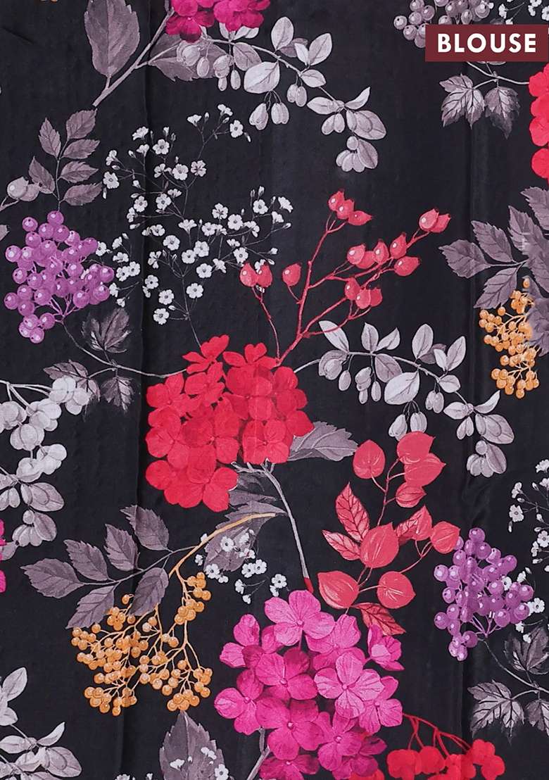 Pure Chiffon Silk Saree Black With Golden Buttas And Floral Printed Blouse For Women - Indya