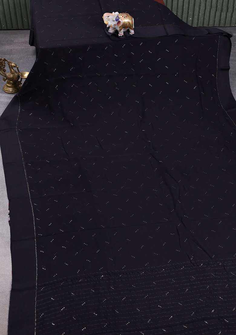 Pure Chiffon Silk Saree Black With Golden Buttas And Floral Printed Blouse For Women - Indya